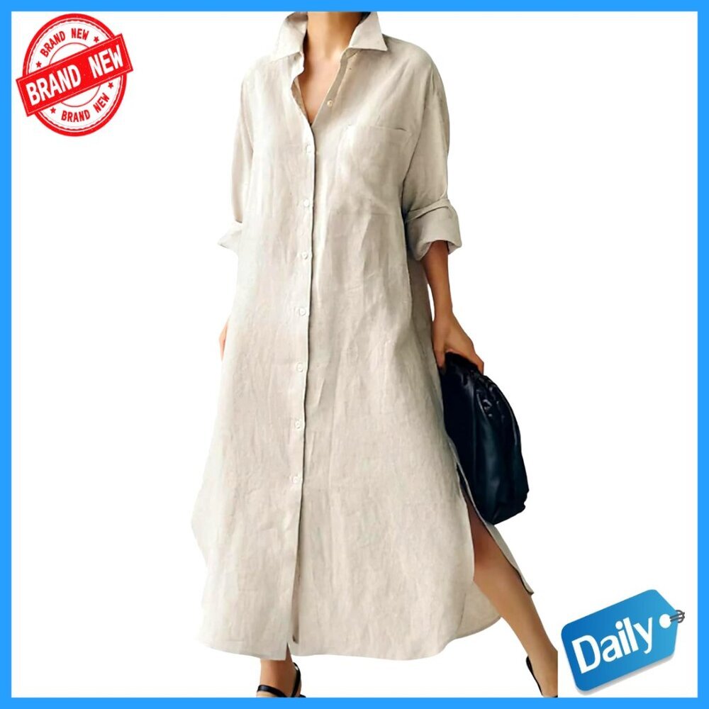 Oversized Button Down Cotton Maxi Dress Flowy Side Slit Shift Chic Summer